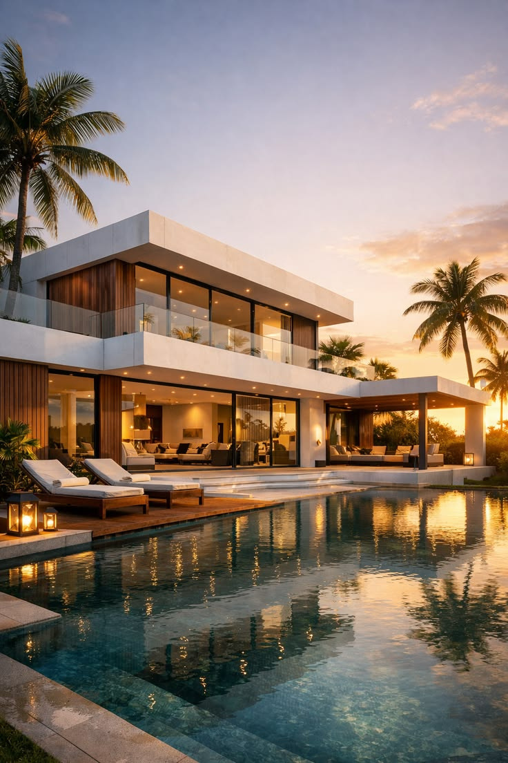 Complete brochure rendering of a contemporary villa with a private pool